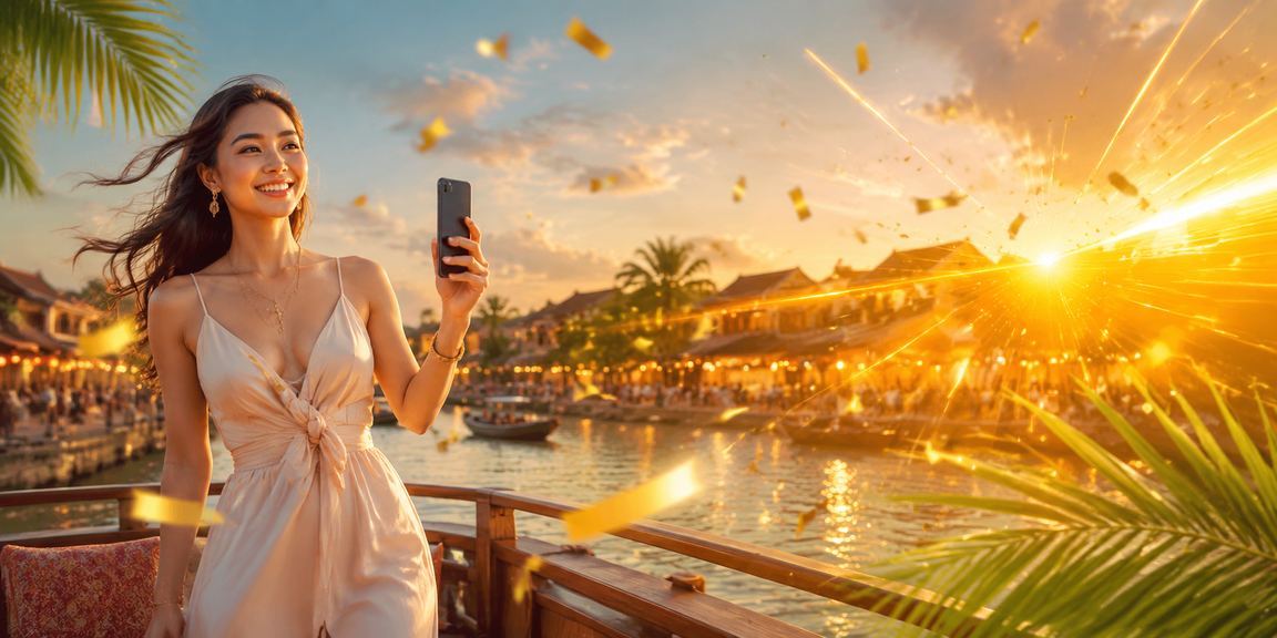 Người dùng Việt Nam truy cập nền tảng vl2 trên thiết bị di động tại quán cà phê Hội An